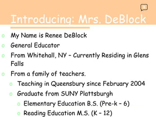 Trade Books My Name is Renee DeBlock General Educator  From Whitehall, NY – Currently Residing in Glens Falls From a family of teachers. Teaching in Queensbury since February 2004 Graduate from SUNY Plattsburgh Elementary Education B.S. (Pre-k – 6) Reading Education M.S. (K – 12)   Introducing: Mrs. DeBlock 0 