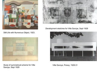 Study of symmetrical scheme for Villa
Savoye, Sept 1928
Villa Savoye, Poissy, 1928-31
Still Life with Numerous Object, 1923.
Development sketches for Villa Savoye, Sept 1928
 