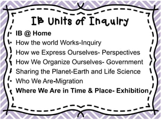 IB Units of Inquiry
•  IB @ Home
•  How the world Works-Inquiry
•  How we Express Ourselves- Perspectives
•  How We Organize Ourselves- Government
•  Sharing the Planet-Earth and Life Science
•  Who We Are-Migration
•  Where We Are in Time & Place- Exhibition
 