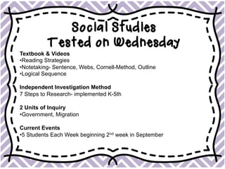 Social Studies
Tested on Wednesday
Textbook & Videos
• Reading Strategies
• Notetaking- Sentence, Webs, Cornell-Method, Outline
• Logical Sequence
Independent Investigation Method
7 Steps to Research- implemented K-5th
2 Units of Inquiry
• Government, Migration
Current Events
• 5 Students Each Week beginning 2nd week in September
 