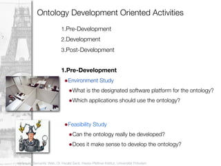 Ontology Development Oriented Activities
                                1.Pre-Development
7
                                2.Development
                                3.Post-Development


                                1.Pre-Development
                                  •Environment Study
                                   •What is the designated software platform for the ontology?
                                   •Which applications should use the ontology?


                                  •Feasibility Study
                                   •Can the ontology really be developed?
                                   •Does it make sense to develop the ontology?

    Vorlesung Semantic Web, Dr. Harald Sack, Hasso-Plattner-Institut, Universität Potsdam
 