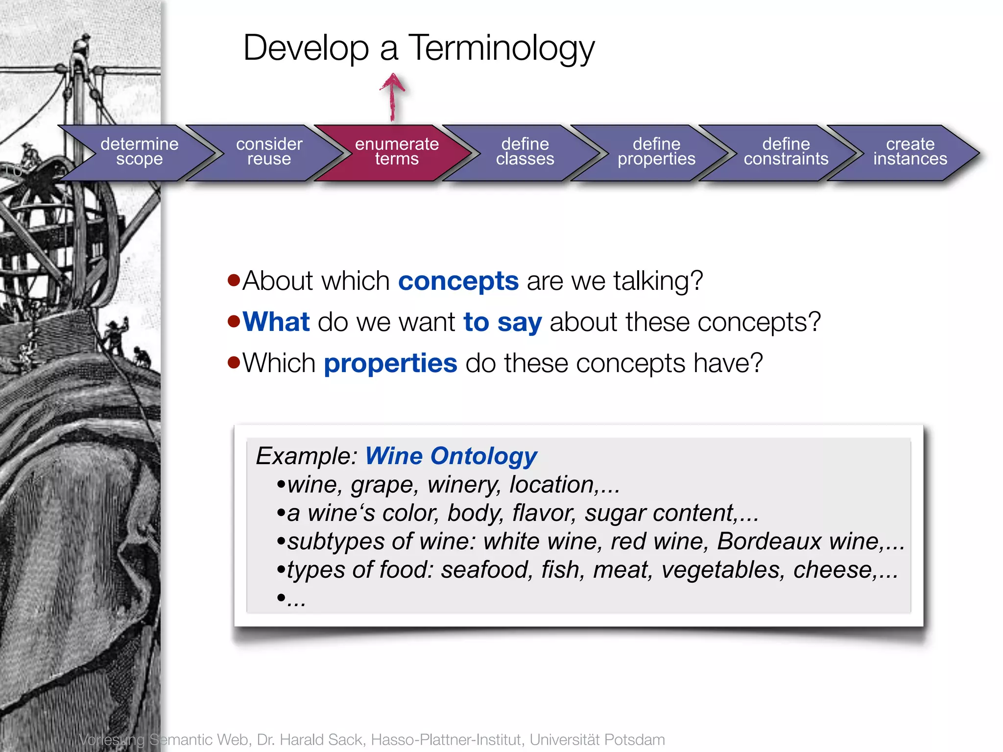 Develop a Terminology

        determine          consider          enumerate            define             define       define        create
          scope             reuse              terms             classes           properties   constraints   instances
10




                          •About which concepts are we talking?
                          •What do we want to say about these concepts?
                          •Which properties do these concepts have?

                              Example: Wine Ontology
                               •wine, grape, winery, location,...
                               •a wine‘s color, body, flavor, sugar content,...
                               •subtypes of wine: white wine, red wine, Bordeaux wine,...
                               •types of food: seafood, fish, meat, vegetables, cheese,...
                               •...



     Vorlesung Semantic Web, Dr. Harald Sack, Hasso-Plattner-Institut, Universität Potsdam
 