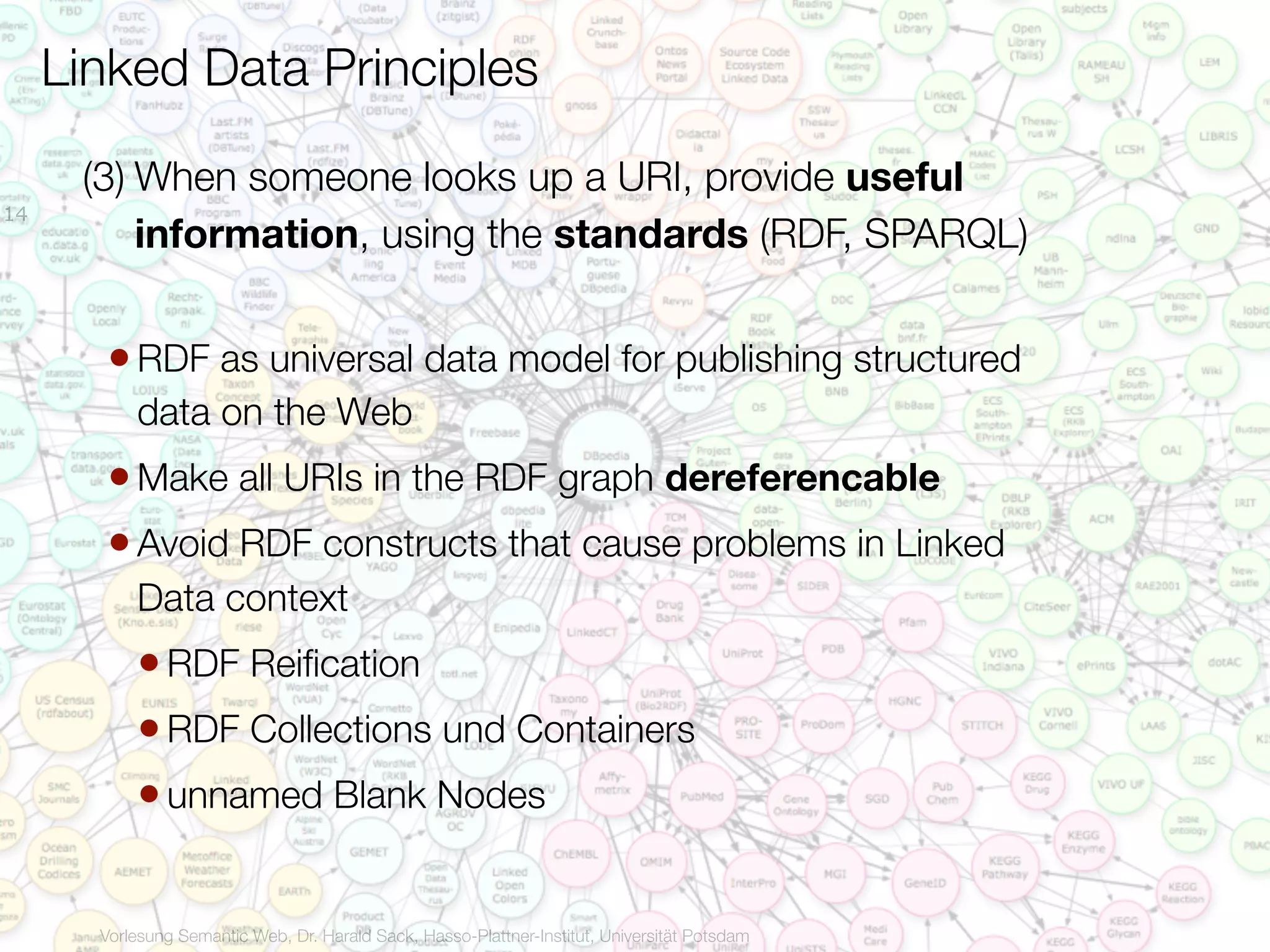 Linked Data Principles

      (3) When someone looks up a URI, provide useful
14
          information, using the standards (RDF, SPARQL)


       • RDF as universal data model for publishing structured
           data on the Web
       • Make all URIs in the RDF graph dereferencable
       • Avoid RDF constructs that cause problems in Linked
           Data context
           • RDF Reiﬁcation
           • RDF Collections und Containers
           • unnamed Blank Nodes

       Vorlesung Semantic Web, Dr. Harald Sack, Hasso-Plattner-Institut, Universität Potsdam
 