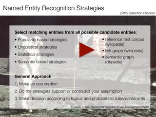 Named Entity Recognition Strategies
                                                                                    Entity Selection Process




   Select matching entities from all possible candidate entities:
   • Popularity based strategies                                  • reference text corpus
                                                                    (wikipedia)
   • Linguistical strategies
                                                                  • link graph (wikipedia)
   • Statistical strategies
                                                                  • semantic graph
   • Semantic based strategies                                      (dbpedia)


   General Approach
   1. Make an assumption
   2. Do the strategies support or contradict your assumption
   3. Make decision according to logical and probabilistic rules/constraints
                                   N. Ludwig, H. Sack, “Named entity recognition for user-generated tags,TIR 2011
 