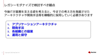 Copyright 2022 Red Hat K.K.
2
쥬`ʥǗӑ٤Q
ITIդ֧ˤ򿼤ȡޤǤοkչ
`ƥ_kַȤeOĤ˒äƤҪޤ
1. ץꥱ`󥢩`ƥ
2. _kַ
3. MȤ΅fI
4. \äȱ
 