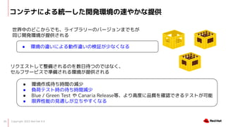 Copyright 2022 Red Hat K.K.
26
ƥʤˤyһ_kh٤䤫ṩ
ФΤɤǤ⡢饤֥`ΥЩ`ޤǤ⤬
ͬ_khṩ
 h`ˤ`Η^٤ʤʤ
ꥯȤ䤵ΤմĤΤǤϤʤ
ե`ӥǜʂ䤵hṩ
 hɴrgΜp
 ؓɥƥȕrδrgp
 Blue / Green Test  Canaria Releaseȡ߶ȤƷ|_JǤƥȤ
 ޽ܤҊͨ䤹ʤ
 