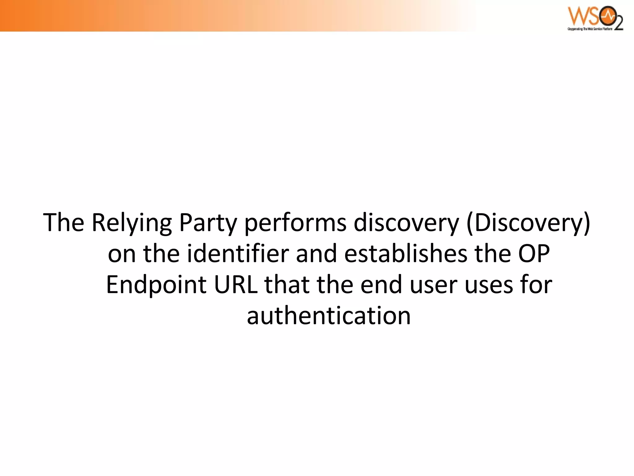 The Relying Party performs discovery (Discovery) on the identifier and establishes the OP Endpoint URL that the end user uses for authentication 