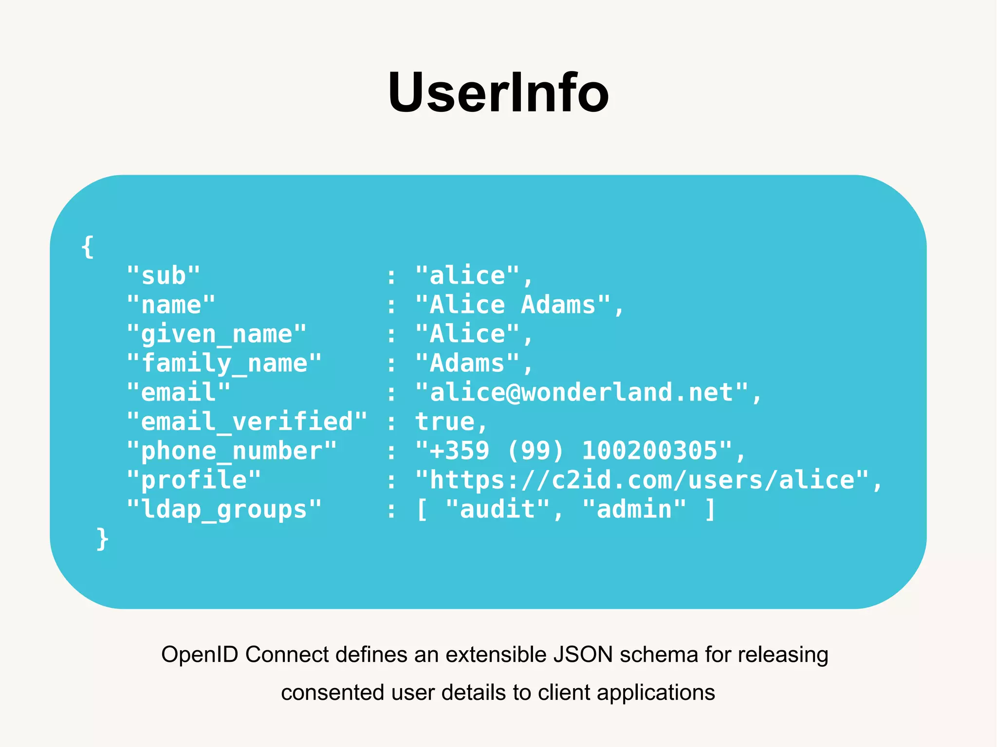 UserInfo
{
"sub" : "alice",
"name" : "Alice Adams",
"given_name" : "Alice",
"family_name" : "Adams",
"email" : "alice@wonderland.net",
"email_verified" : true,
"phone_number" : "+359 (99) 100200305",
"profile" : "https://c2id.com/users/alice",
"ldap_groups" : [ "audit", "admin" ]
}
OpenID Connect defines an extensible JSON schema for releasing
consented user details to client applications
 