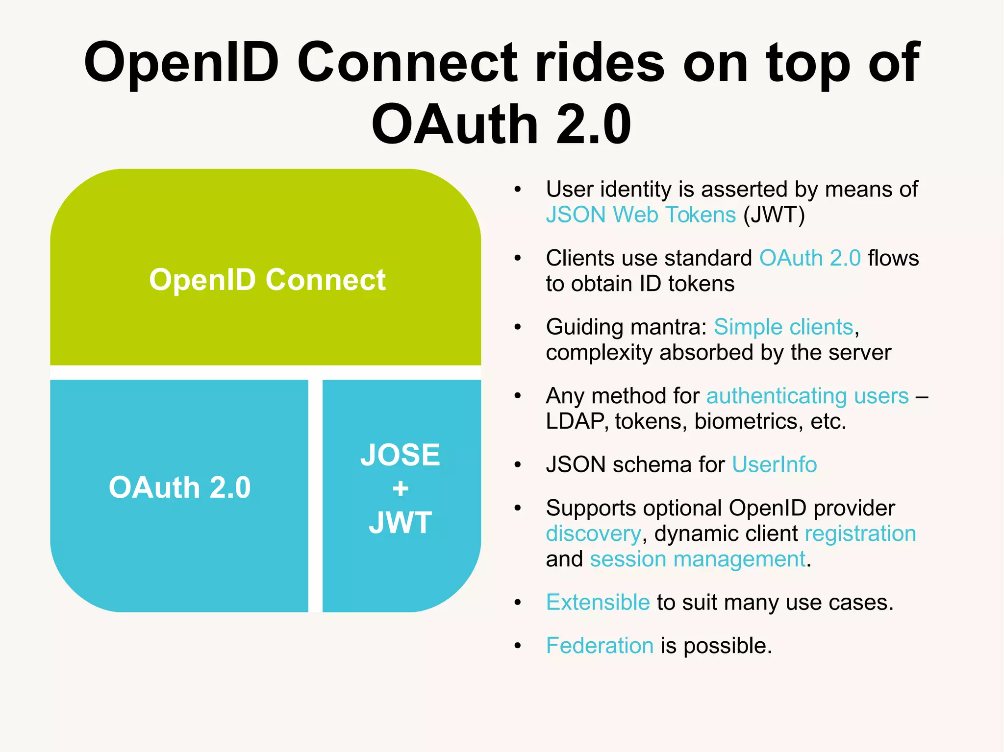 OpenID Connect rides on top of
OAuth 2.0
● User identity is asserted by means of
JSON Web Tokens (JWT)
● Clients use standard OAuth 2.0 flows
to obtain ID tokens
● Guiding mantra: Simple clients,
complexity absorbed by the server
● Any method for authenticating users &ndash;
LDAP, tokens, biometrics, etc.
● JSON schema for UserInfo
● Supports optional OpenID provider
discovery, dynamic client registration
and session management.
● Extensible to suit many use cases.
● Federation is possible.
OpenID Connect
OAuth 2.0
JOSE
+
JWT
 