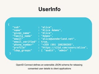 UserInfo
{
"sub" : "alice",
"name" : "Alice Adams",
"given_name" : "Alice",
"family_name" : "Adams",
"email" : "alice@wonderland.net",
"email_verified" : true,
"phone_number" : "+359 (99) 100200305",
"profile" : "https://c2id.com/users/alice",
"ldap_groups" : [ "audit", "admin" ]
}
OpenID Connect defines an extensible JSON schema for releasing
consented user details to client applications
 