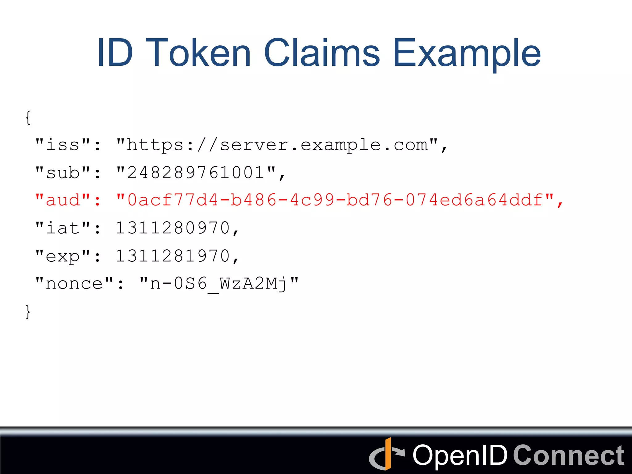 Connect	
OpenID	
ID Token Claims Example
{
"iss": "https://server.example.com",
"sub": "248289761001",
"aud": "0acf77d4-b486-4c99-bd76-074ed6a64ddf",
"iat": 1311280970,
"exp": 1311281970,
"nonce": "n-0S6_WzA2Mj"
}
 