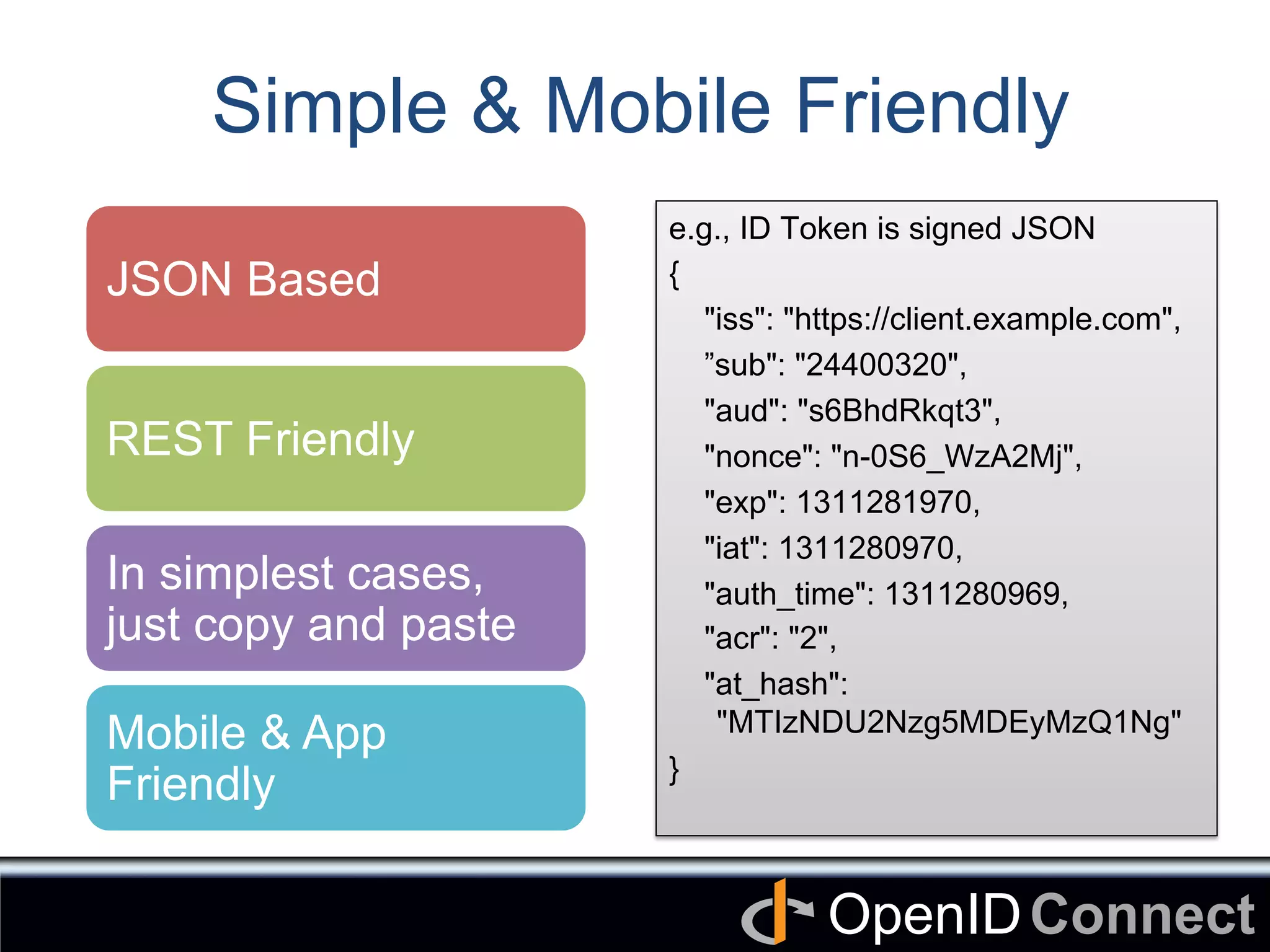 Connect	
OpenID	
Simple & Mobile Friendly	
JSON Based	
REST Friendly	
In simplest cases,
just copy and paste	
Mobile & App
Friendly	
e.g., ID Token is signed JSON
{
"iss": "https://client.example.com",
”sub": "24400320",
"aud": "s6BhdRkqt3",
"nonce": "n-0S6_WzA2Mj",
"exp": 1311281970,
"iat": 1311280970,
"auth_time": 1311280969,
"acr": "2",
"at_hash":
"MTIzNDU2Nzg5MDEyMzQ1Ng"
}	
 