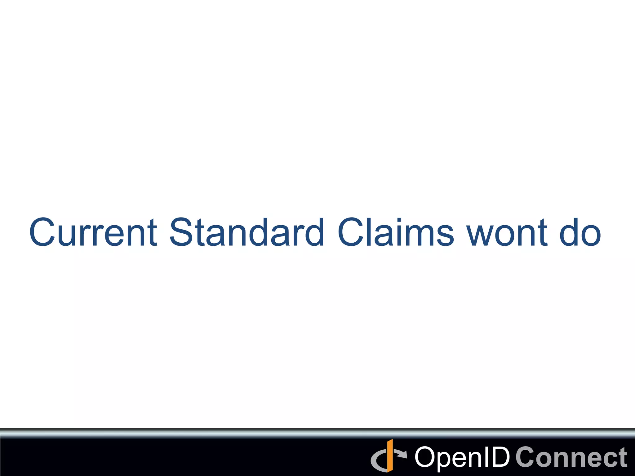 Connect	
OpenID	
Current Standard Claims wont do	
 