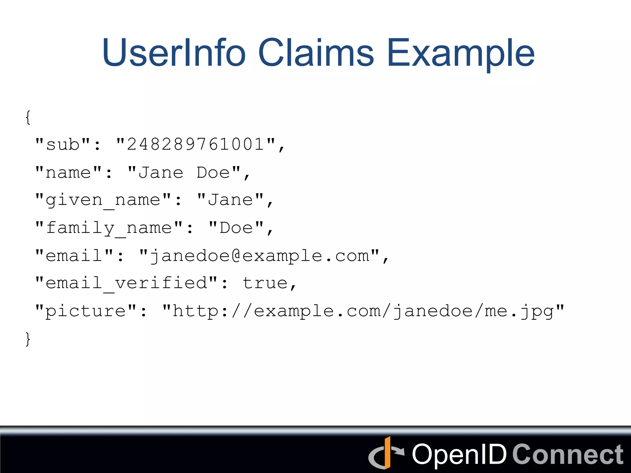 Connect	
OpenID	
UserInfo Claims Example
{
"sub": "248289761001",
"name": "Jane Doe",
"given_name": "Jane",
"family_name": "Doe",
"email": "janedoe@example.com",
"email_verified": true,
"picture": "http://example.com/janedoe/me.jpg"
}
 