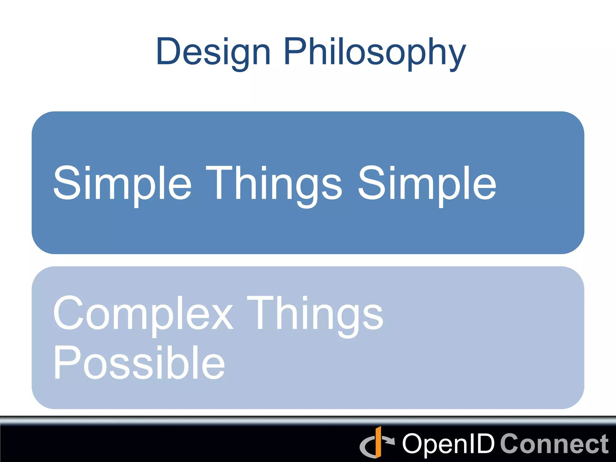 Connect	
OpenID	
Design Philosophy
Simple Things Simple	
Complex Things
Possible	
 