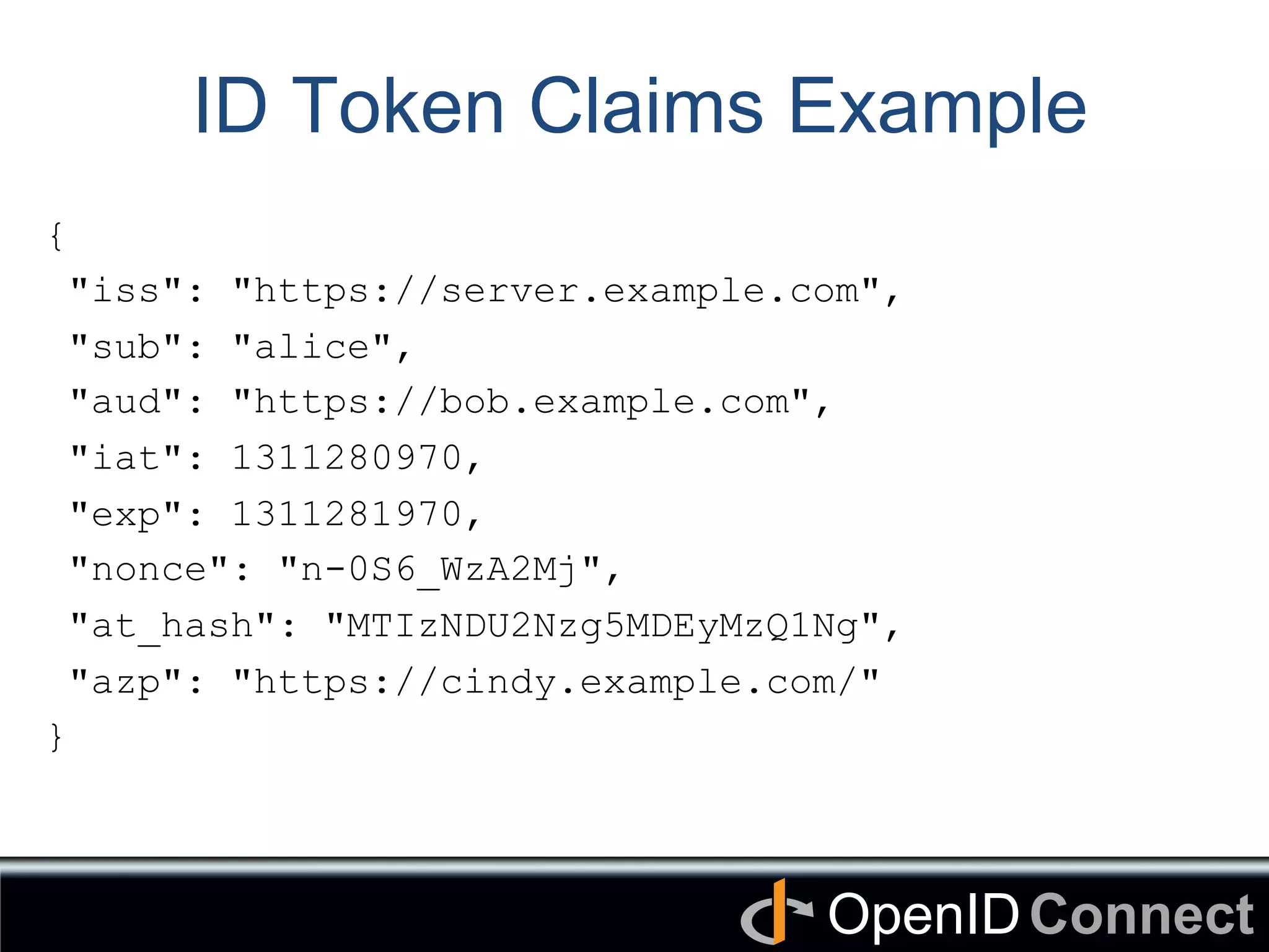 Connect	
OpenID	
ID Token Claims Example
{
"iss": "https://server.example.com",
"sub": "alice",
"aud": "https://bob.example.com",
"iat": 1311280970,
"exp": 1311281970,
"nonce": "n-0S6_WzA2Mj",
"at_hash": "MTIzNDU2Nzg5MDEyMzQ1Ng",
"azp": "https://cindy.example.com/"
}
 