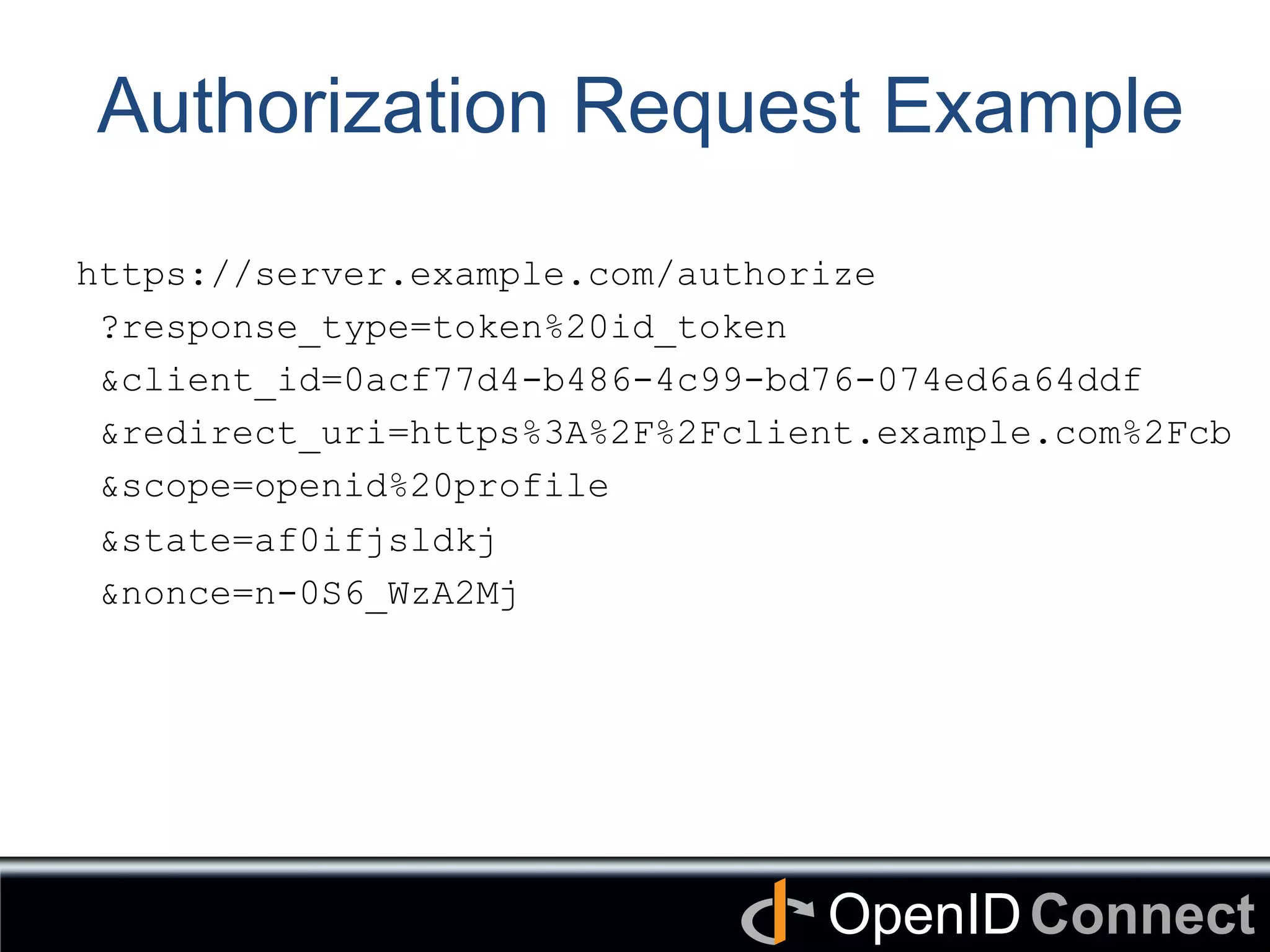 Connect	
OpenID	
Authorization Request Example
https://server.example.com/authorize
?response_type=token%20id_token
&client_id=0acf77d4-b486-4c99-bd76-074ed6a64ddf
&redirect_uri=https%3A%2F%2Fclient.example.com%2Fcb
&scope=openid%20profile
&state=af0ifjsldkj
&nonce=n-0S6_WzA2Mj
 