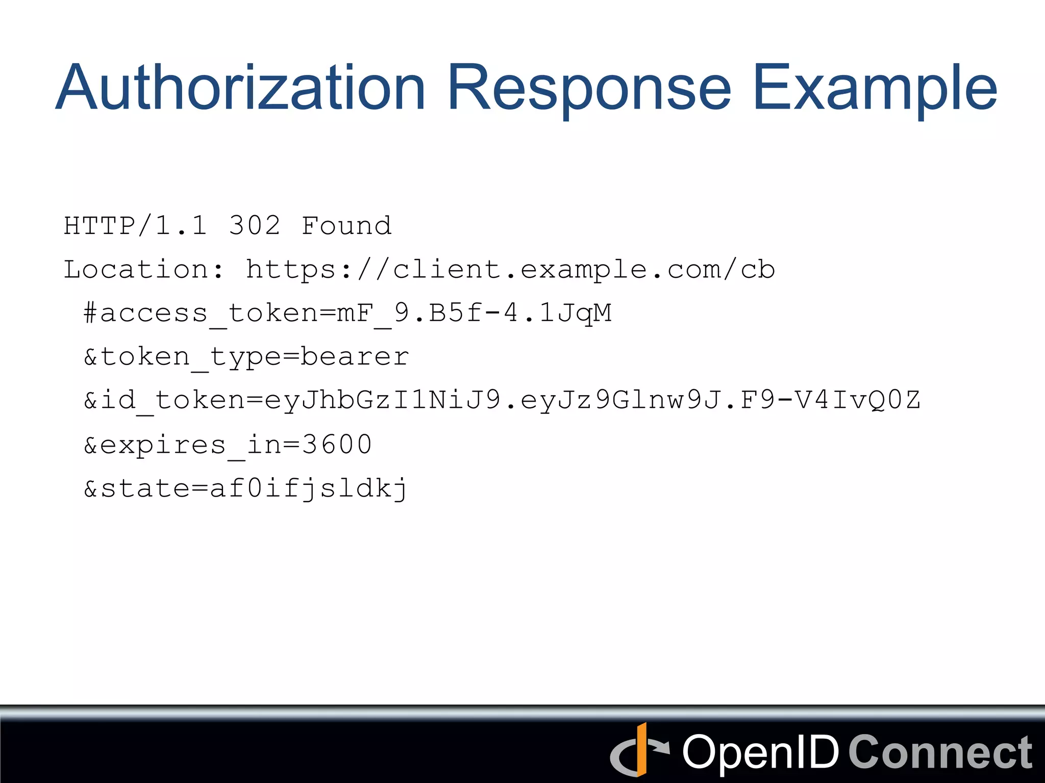 Connect	
OpenID	
Authorization Response Example
HTTP/1.1 302 Found
Location: https://client.example.com/cb
#access_token=mF_9.B5f-4.1JqM
&token_type=bearer
&id_token=eyJhbGzI1NiJ9.eyJz9Glnw9J.F9-V4IvQ0Z
&expires_in=3600
&state=af0ifjsldkj
 
