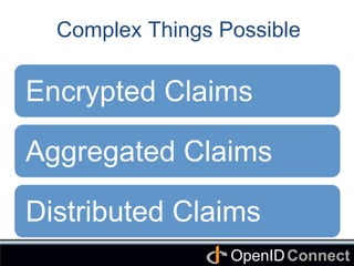 Connect	
OpenID	
Complex Things Possible
Encrypted Claims	
Aggregated Claims	
Distributed Claims	
 