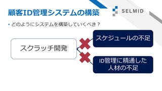 顧客ID管理システムの構築
• どのようにシステムを構築していくべき？
スクラッチ開発
ID管理に精通した
人材の不足
スケジュールの不足
 