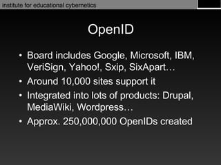 OpenID Board includes Google, Microsoft, IBM, VeriSign, Yahoo!, Sxip, SixApart… Around 10,000 sites support it Integrated into lots of products: Drupal, MediaWiki, Wordpress… Approx. 250,000,000 OpenIDs created 