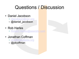 Questions / Discussion <ul><ul><li>Daniel Jacobson </li></ul></ul><ul><ul><ul><li>[email_address] </li></ul></ul></ul><ul>...