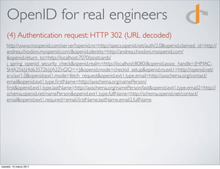 OpenID for real engineers
    (4) Authentication request: HTTP 302 (URL decoded)
    http://www.myopenid.com/server?openid.ns=http://specs.openid.net/auth/2.0&openid.claimed_id=http://
    andrea.chiodoni.myopenid.com/&openid.identity=http://andrea.chiodoni.myopenid.com/
    &openid.return_to=http://localhost:7070/postcards/
    j_spring_openid_security_check&openid.realm=http://localhost:8080/&openid.assoc_handle={HMAC-
    SHA256}{4d63572b}{A2ZnQQ==}&openid.mode=checkid_setup&openid.ns.ext1=http://openid.net/
    srv/ax/1.0&openid.ext1.mode=fetch_request&openid.ext1.type.email=http://axschema.org/contact/
    email&openid.ext1.type.ﬁrstName=http://axschema.org/namePerson/
    ﬁrst&openid.ext1.type.lastName=http://axschema.org/namePerson/last&openid.ext1.type.email2=http://
    schema.openid.net/namePerson&openid.ext1.type.fullName=http://schema.openid.net/contact/
    email&openid.ext1.required=email,ﬁrstName,lastName,email2,fullName




martedì, 15 marzo 2011
 