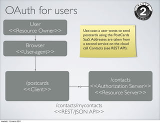 OAuth for users
               User
        <<Resource Owner>>                         Use-case: a user wants to send
                                                   postcards using the PostCards
                                                   SaaS. Addresses are taken from
                                                   a second service on the cloud
                   Browser                         call Contacts (see REST API).
                <<User-agent>>



                                                              /contacts
                          /postcards
                                                       <<Authorization Server>>
                         <<Client>>
                                                        <<Resource Server>>

                                        /contacts/mycontacts
                                       <<REST/JSON API>>
martedì, 15 marzo 2011
 