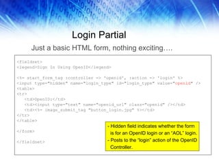 Login Partial <fieldset> <legend>Sign In Using OpenID</legend>  <%= start_form_tag :controller => 'openid', :action => 'login' %> <input type="hidden" name="login_type" id="login_type" value=" openid " /> <table> <tr> <td>OpenID:</td> <td><input type="text" name="openid_url" class="openid" /></td> <td><%= image_submit_tag "button_login.jpg" %></td> </tr> </table> </form> </fieldset>  Just a basic HTML form, nothing exciting…. - Hidden field indicates whether the form is for an OpenID login or an “AOL” login. - Posts to the “login” action of the OpenID Controller. 