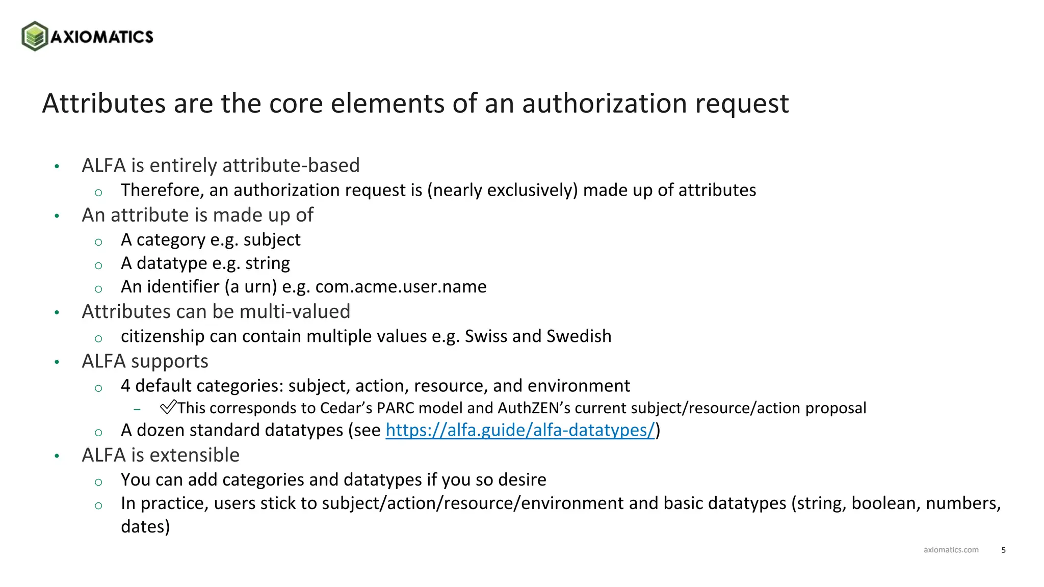 5
axiomatics.com
axiomatics.com
Attributes are the core elements of an authorization request
• ALFA is entirely attribute-based
o Therefore, an authorization request is (nearly exclusively) made up of attributes
• An attribute is made up of
o A category e.g. subject
o A datatype e.g. string
o An identifier (a urn) e.g. com.acme.user.name
• Attributes can be multi-valued
o citizenship can contain multiple values e.g. Swiss and Swedish
• ALFA supports
o 4 default categories: subject, action, resource, and environment
– ✅This corresponds to Cedar’s PARC model and AuthZEN’s current subject/resource/action proposal
o A dozen standard datatypes (see https://alfa.guide/alfa-datatypes/)
• ALFA is extensible
o You can add categories and datatypes if you so desire
o In practice, users stick to subject/action/resource/environment and basic datatypes (string, boolean, numbers,
dates)
 