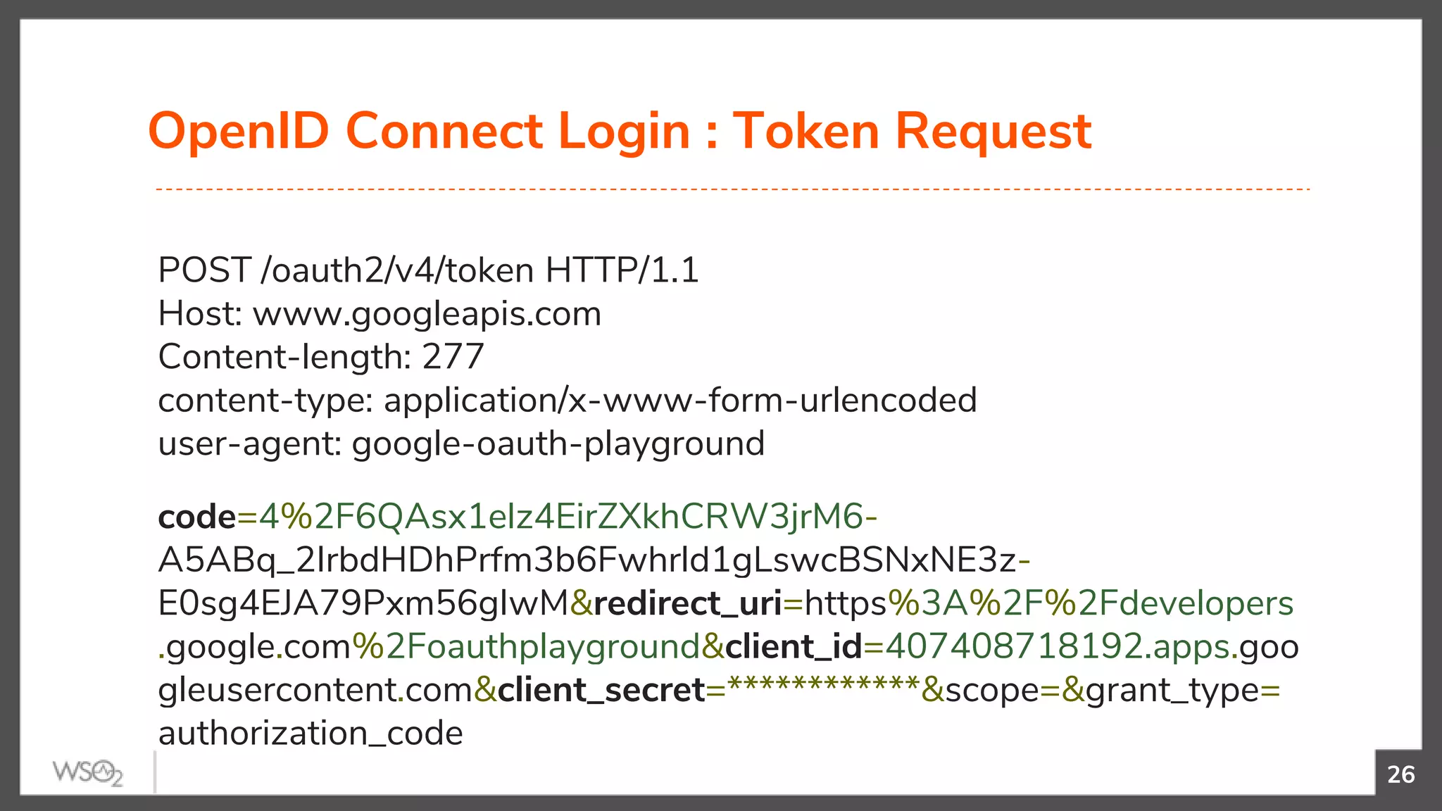 OpenID Connect Login : Token Request
26
POST /oauth2/v4/token HTTP/1.1
Host: www.googleapis.com
Content-length: 277
content-type: application/x-www-form-urlencoded
user-agent: google-oauth-playground
code=4%2F6QAsx1elz4EirZXkhCRW3jrM6-
A5ABq_2IrbdHDhPrfm3b6Fwhrld1gLswcBSNxNE3z-
E0sg4EJA79Pxm56gIwM&redirect_uri=https%3A%2F%2Fdevelopers
.google.com%2Foauthplayground&client_id=407408718192.apps.goo
gleusercontent.com&client_secret=************&scope=&grant_type=
authorization_code
 