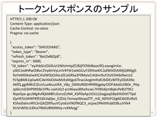 トークンレスポンスのサンプル
52
HTTP/1.1 200 OK
Content-Type: application/json
Cache-Control: no-store
Pragma: no-cache
{
"access_token": "SlAV32hkKG",
"token_type": "Bearer",
"refresh_token": "8xLOxBtZp8",
"expires_in": 3600,
"id_token": "eyJhbGciOiJSUzI1NiIsImtpZCI6IjFlOWdkazcifQ.ewogImlzc
yI6ICJodHRwOi8vc2VydmVyLmV4YW1wbGUuY29tIiwKICJzdWIiOiAiMjQ4Mjg5
NzYxMDAxIiwKICJhdWQiOiAiczZCaGRSa3F0MyIsCiAibm9uY2UiOiAibi0wUzZ
fV3pBMk1qIiwKICJleHAiOiAxMzExMjgxOTcwLAogImlhdCI6IDEzMTEyODA5Nz
AKfQ.ggW8hZ1EuVLuxNuuIJKX_V8a_OMXzR0EHR9R6jgdqrOOF4daGU96Sr_P6q
Jp6IcmD3HP99Obi1PRs-cwh3LO-p146waJ8IhehcwL7F09JdijmBqkvPeB2T9CJ
NqeGpe-gccMg4vfKjkM8FcGvnzZUN4_KSP0aAp1tOJ1zZwgjxqGByKHiOtX7Tpd
QyHE5lcMiKPXfEIQILVq0pc_E2DzL7emopWoaoZTF_m0_N0YzFC6g6EJbOEoRoS
K5hoDalrcvRYLSrQAZZKflyuVCyixEoV9GfNQC3_osjzw2PAithfubEEBLuVVk4
XUVrWOLrLl0nx7RkKU8NXNHq-rvKMzqg"
}
 
