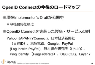Copyright 2013 OpenID Foundation Japan - All Rights Reserved.
OpenID Connectの今後のロードマップ
現在Implementer’s Draftが公開中
 今後最終仕様に
OpenID Connectを実装した製品・サービスの例
Yahoo! JAPAN (YConnect)、日本経済新聞社
（日経ID）、東急電鉄、Google、PayPal
(Log In with PayPal)、野村総合研究所（Uni-ID）、
Ping Identity （PingFederate）、Gluu (OX)、Layer 7
11
 