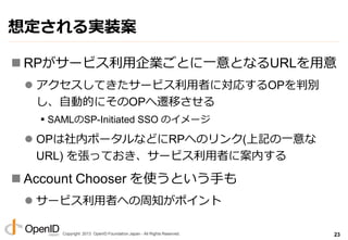 Copyright 2013 OpenID Foundation Japan - All Rights Reserved.
想定される実装案
 RPがサービス利用企業ごとに一意となるURLを用意
 ゕクセスしてきたサービス利用者に対応するO...
