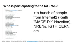 Who is participating to the R&E WG?
+ a bunch of people
from Internet2 (Keith
“MACE-Dir” Hazelton),
NRENs, IGTF, CERN,
etc...