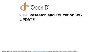 OIDF Research and Education WG
UPDATE
Davide Vaghetti - Consortium GARR and GEANT davide.vaghetti@garr.it, OpenID Foundation Workshop - April 29th 2019
 