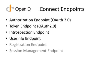 Connect Endpoints
•   Authorization Endpoint (OAuth 2.0)
•   Token Endpoint (OAuth2.0)
•   Introspection Endpoint
•   UserInfo Endpoint
•   Registration Endpoint
•   Session Management Endpoint
 