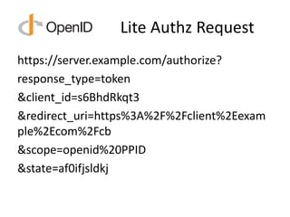 Lite Authz Request
https://server.example.com/authorize?
response_type=token
&client_id=s6BhdRkqt3
&redirect_uri=https%3A%2F%2Fclient%2Eexam
ple%2Ecom%2Fcb
&scope=openid%20PPID
&state=af0ifjsldkj
 