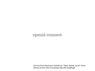 (Source) Chuck Mortimore (Salesforce), “Open, Mobile, Social”, Cloud
Identity Summit 2011 Proceedings http://bit.ly/pBXcgM
 