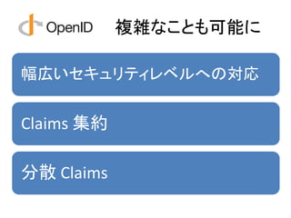 複雑なことも可能に

幅広いセキュリティレベルへの対応


Claims 集約

分散 Claims
 