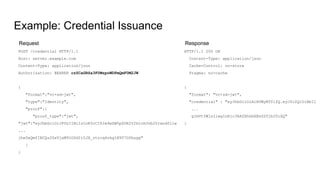 Example: Credential Issuance
HTTP/1.1 200 OK
Content-Type: application/json
Cache-Control: no-store
Pragma: no-cache
{
"format": "vc+sd-jwt",
"credential" : "eyJhbGciOiAiRVMyNTYifQ.eyJfc2QiOiBbIl
...
gImVtYWlsIiwgInRlc3RAZXhhbXBsZS5jb20iXQ"
}
POST /credential HTTP/1.1
Host: server.example.com
Content-Type: application/json
Authorization: BEARER czZCaGRSa3F0MzpnWDFmQmF0M2JW
{
"format":"vc+sd-jwt",
"type":"Identity",
"proof":{
"proof_type":"jwt",
"jwt":"eyJhbGciOiJFUzI1NiIsInR5cCI6Im9wZW5pZDR2Y2ktcHJvb2Yrand0Iiw
...
jhe0xQmfIBCQz20xVjaM91ODdIt5JX_ztrcq4nkglH907Ofbugg"
}
}
Request Response
 