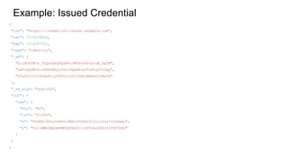 Example: Issued Credential
{
"iss": "https://credential-issuer.example.com",
"iat": 1516239022,
"exp": 1516247022,
"type": "Identity",
"_sd": [
"UiuRGkTW7e_5UQauGeQRQdF8u3WYevS4Fs0IuB_DgYM",
"tmPlXq0MID-oRXbUNHyoVZrc9Qkm8cwJTohVyOVlUgQ",
"vTz0JI103v4k4pKIloT83Yzi33L1SdZlWBPmsfJBefk"
],
"_sd_alg": "sha-256",
"cnf": {
"jwk": {
"kty": "EC",
"crv": "P-256",
"x": "TCAER19Zvu3OHF4j4W4vfSVoHIP1ILilDls7vCeGemc",
"y": "ZxjiWWbZMQGHVWKVQ4hbSIirsVfuecCE6t4jT9F2HZQ"
}
}
}
 