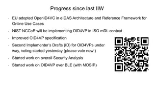 - EU adopted OpenID4VC in eIDAS Architecture and Reference Framework for
Online Use Cases
- NIST NCCoE will be implementing OID4VP in ISO mDL context
- Improved OID4VP specification
- Second Implementer’s Drafts (ID) for OID4VPs under
way, voting started yesterday (please vote now!)
- Started work on overall Security Analysis
- Started work on OID4VP over BLE (with MOSIP)
Progress since last IIW
 
