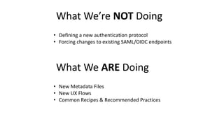 What We’re NOT Doing
• Defining a new authentication protocol
• Forcing changes to existing SAML/OIDC endpoints
What We ARE Doing
• New Metadata Files
• New UX Flows
• Common Recipes & Recommended Practices
 