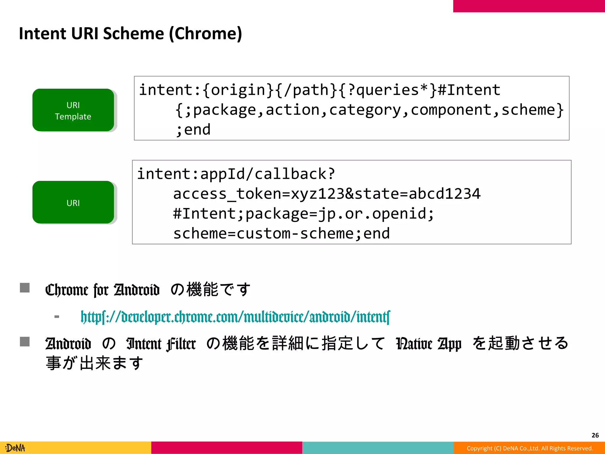 Copyright	
  (C)	
  DeNA	
  Co.,Ltd.	
  All	
  Rights	
  Reserved.	
  
Intent	
  URI	
  Scheme	
  (Chrome)	
  
!  Chrome	
  for	
  Android	
  の機能です	
  
⁃  https://developer.chrome.com/multidevice/android/intents	
  
!  Android	
  の	
  Intent	
  Filter	
  の機能を詳細に指定して	
  Native	
  App	
  を起動
させる事が出来ます	
  
26	
  
intent:{origin}{/path}{?queries*}#Intent	
  
	
  	
  	
  	
  {;package,action,category,component,scheme}	
  
	
  	
  	
  	
  ;end	
  
intent:appId/callback?	
  
	
  	
  	
  	
  access_token=xyz123&state=abcd1234	
  
	
  	
  	
  	
  #Intent;package=jp.or.openid;	
  
	
  	
  	
  	
  scheme=custom-­‐scheme;end	
  
URI	
  
Template	
  
URI	
  
 