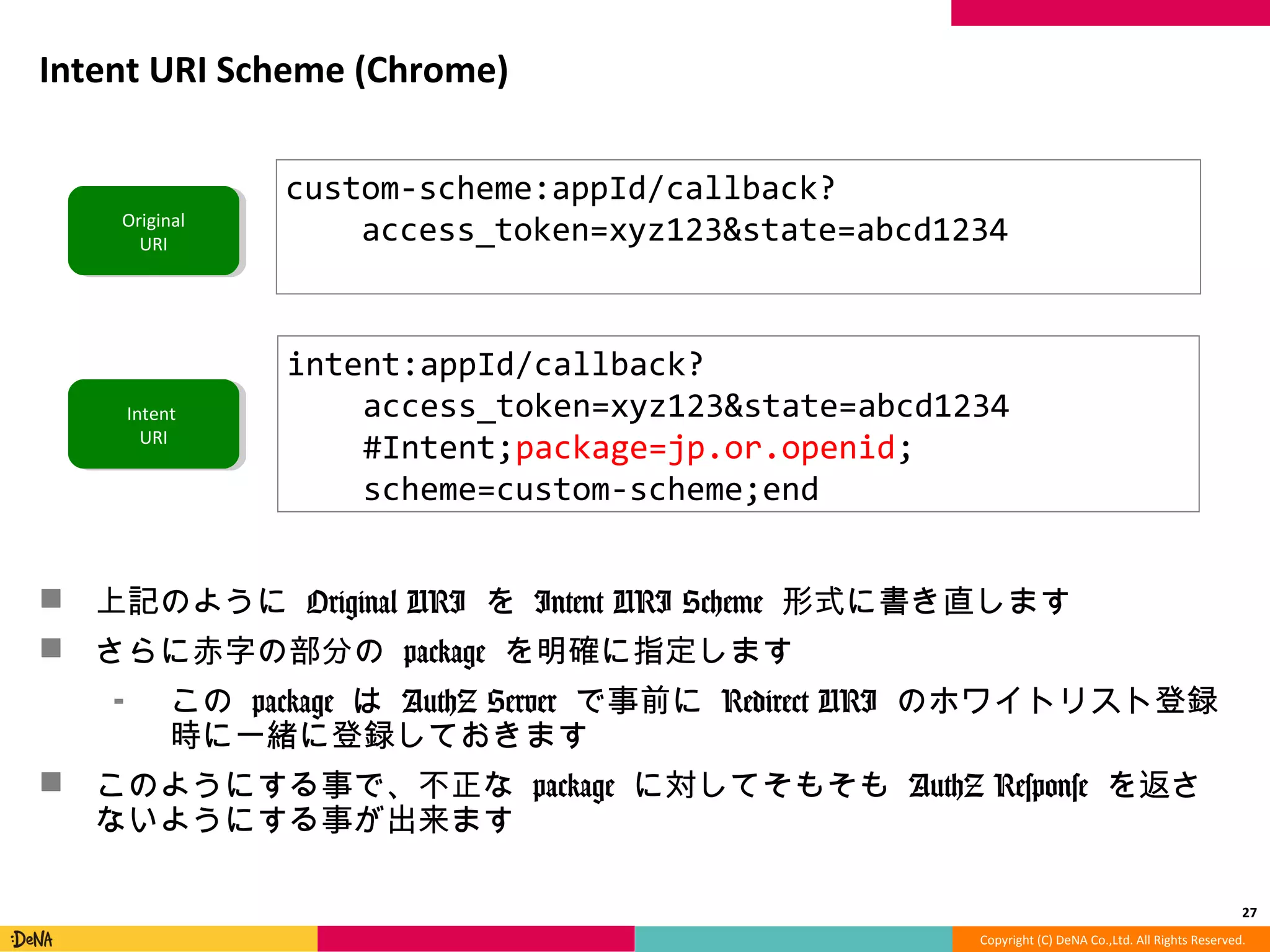 Copyright	
  (C)	
  DeNA	
  Co.,Ltd.	
  All	
  Rights	
  Reserved.	
  
Intent	
  URI	
  Scheme	
  (Chrome)	
  
!  上記のように	
  Original	
  URI	
  を	
  Intent	
  URI	
  Scheme	
  形式に書き直します	
  
!  さらに⾚赤字の部分の	
  package	
  を明確に指定します	
  
⁃  この	
  package	
  は	
  AuthZ	
  Server	
  で事前に	
  Redirect	
  URI	
  のホワイトリ
スト登録時に⼀一緒に登録しておきます	
  
!  このようにする事で、不不正な	
  package	
  に対してそもそも	
  AuthZ	
  Response
	
  を返さないようにする事が出来ます	
  
27	
  
custom-­‐scheme:appId/callback?	
  
	
  	
  	
  	
  access_token=xyz123&state=abcd1234	
  
intent:appId/callback?	
  
	
  	
  	
  	
  access_token=xyz123&state=abcd1234	
  
	
  	
  	
  	
  #Intent;package=jp.or.openid;	
  
	
  	
  	
  	
  scheme=custom-­‐scheme;end	
  
Original	
  
URI	
  
Intent	
  	
  
URI	
  
 