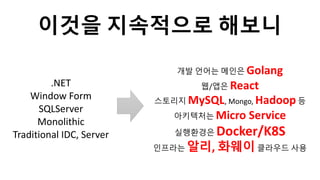 개발 언어는 메인은 Golang
웹/앱은 React
스토리지 MySQL, Mongo, Hadoop등
아키텍처는 Micro Service
실행환경은 Docker/K8S
인프라는 알리, 화웨이클라우드 사용
.NET
Window Form
SQLServer
Monolithic
Traditional IDC, Server
이것을 지속적으로 해보니
 