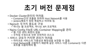 초기 버전 문제점
• Docker Cluster관리의 어려움.
• Container간의 호출을 위하여 Host Network를 사용
• Jenkins배포가 점점 복잡하고 어려워 짐.
• Nginx는 두가지 용도로 구성
• 하나는 웹 프로젝트, 하나는 API 프로젝트
• Nginx Config File로 URL-Container Mapping을 관리
• 웹 기반 관리 화면이 없음
• 수작업 수정으로 인한 인위적인 리스크
• 서비스 규모가 커지면 관리가 어려움
• 마이크로 서비스의 가용성과 확장성을 보장할 수 없음.
• Host Network를 사용하기 때문에 같은 서비스 다른 Container는 다른
포트를 사용하여야 함.
 