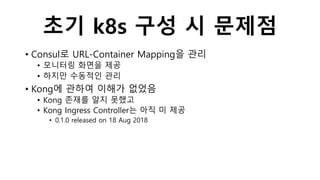 초기 k8s 구성 시 문제점
• Consul로 URL-Container Mapping을 관리
• 모니터링 화면을 제공
• 하지만 수동적인 관리
• Kong에 관하여 이해가 없었음
• Kong 존재를 알지 못했고
• Kong Ingress Controller는 아직 미 제공
• 0.1.0 released on 18 Aug 2018
 
