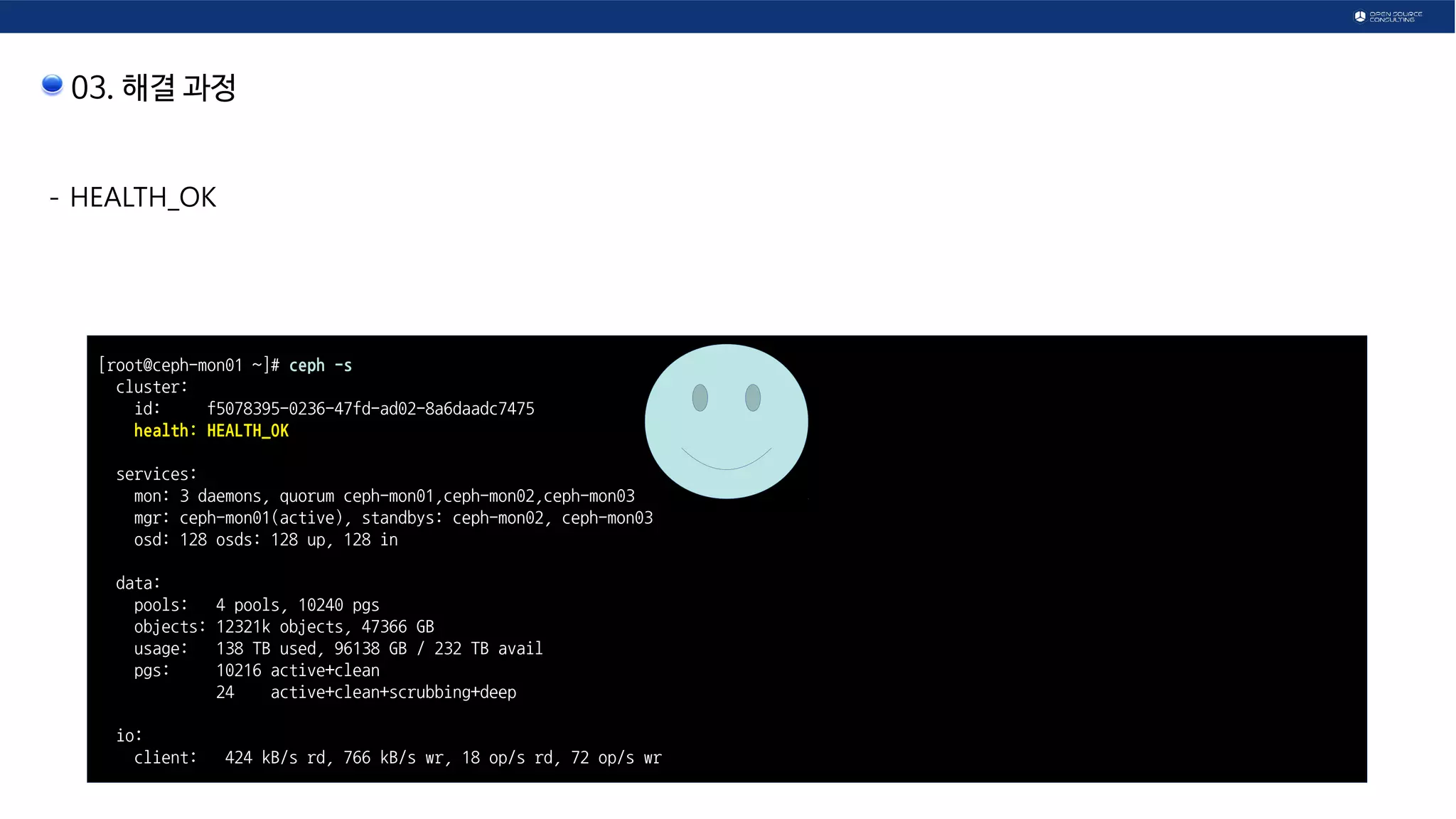 03. 해결 과정
- HEALTH_OK
[root@ceph-mon01 ~]# ceph -s
cluster:
id: f5078395-0236-47fd-ad02-8a6daadc7475
health: HEALTH_OK
services:
mon: 3 daemons, quorum ceph-mon01,ceph-mon02,ceph-mon03
mgr: ceph-mon01(active), standbys: ceph-mon02, ceph-mon03
osd: 128 osds: 128 up, 128 in
data:
pools: 4 pools, 10240 pgs
objects: 12321k objects, 47366 GB
usage: 138 TB used, 96138 GB / 232 TB avail
pgs: 10216 active+clean
24 active+clean+scrubbing+deep
io:
client: 424 kB/s rd, 766 kB/s wr, 18 op/s rd, 72 op/s wr
 